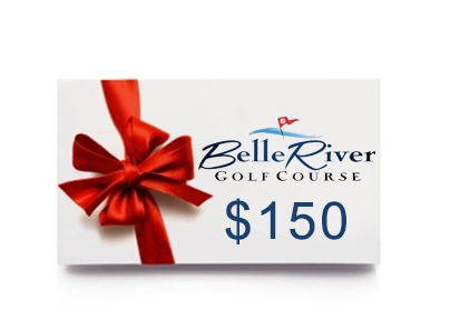 BelleRiver Hair Studio gift card with a red bow, worth $150.