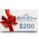 A $200 gift card from Belle River Casino with a red bow decoration.