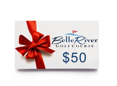 A $50 Belle River Gift Card with a red ribbon bow.