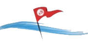 Red flag with a white circle and symbol on a blue background.