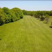 A wide green field bordered by trees on both sides under a clear blue sky.