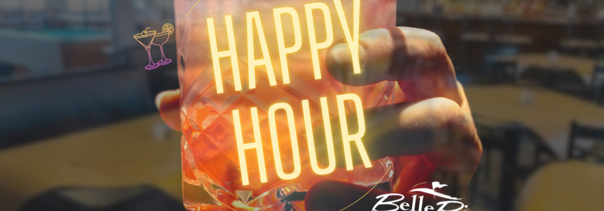 Neon sign glowing with "HAPPY HOUR" in a cozy bar setting.