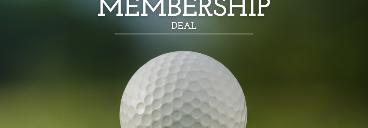 Close-up of a golf ball on grass with 'Membership Deal' text.