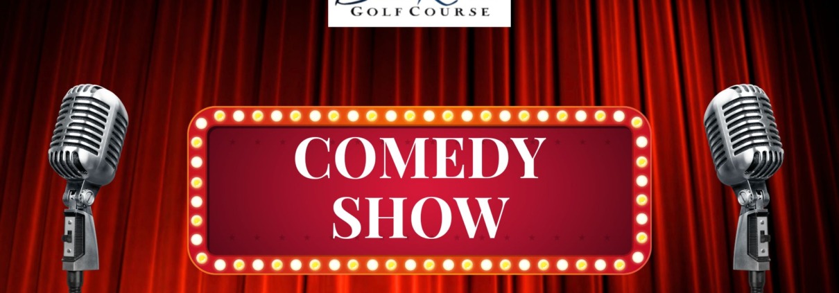 Bright red neon sign announcing a comedy show on stage.