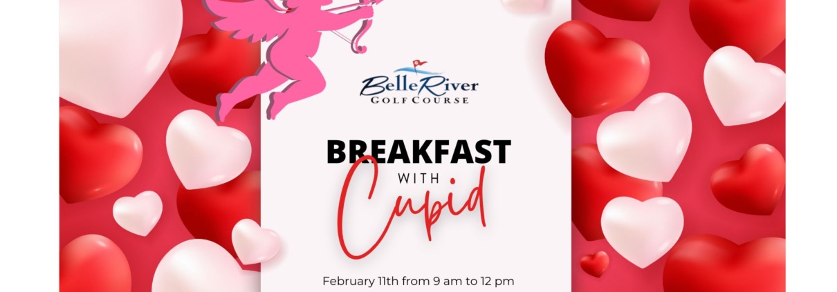 Romantic breakfast cupid card with hearts and roses.