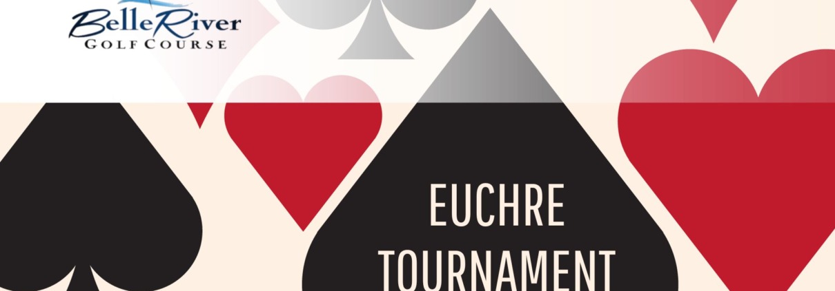 Euchre Tournament graphic with card suit symbols and bold text.