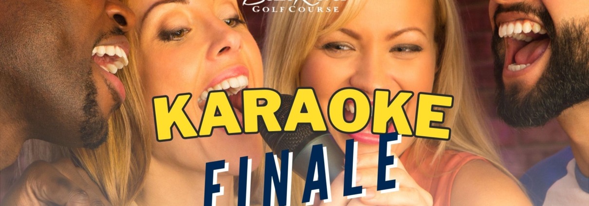 Two women singing karaoke with microphones, enjoying the finale event.