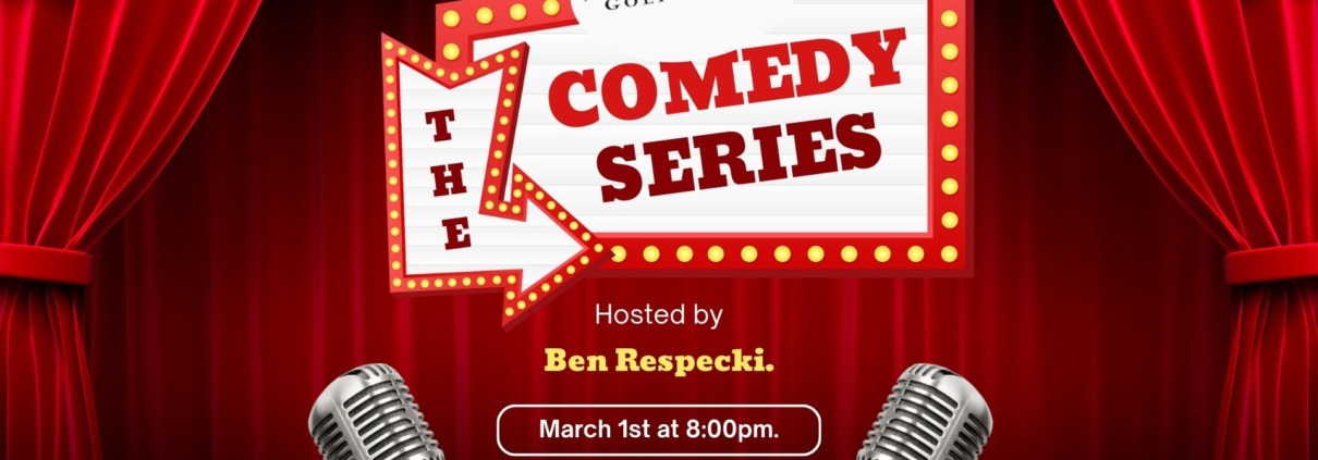 Vintage-style comedy series poster with microphones and marquee lights.