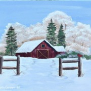 Red barn in snowy winter landscape painting.