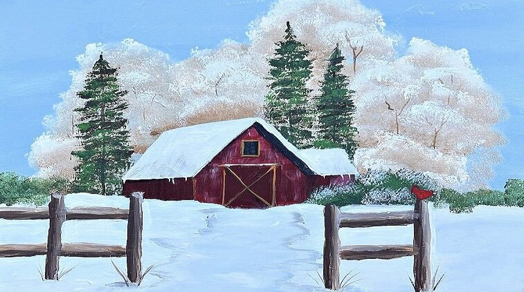 Red barn in snowy winter landscape painting.