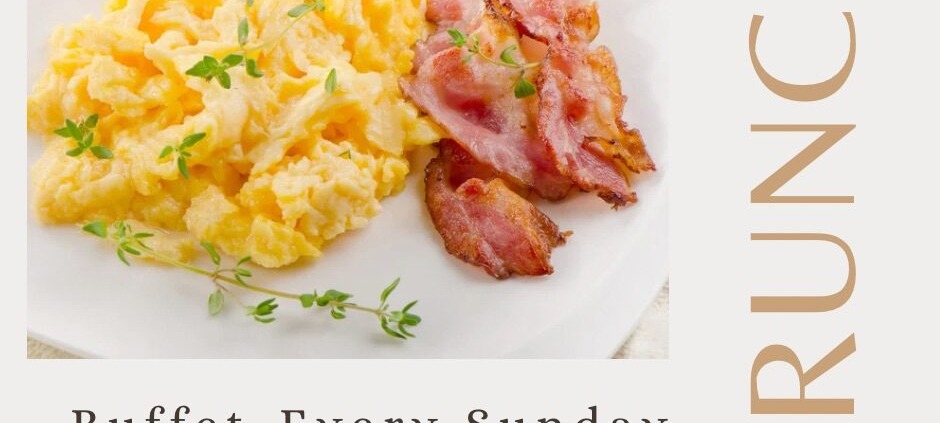 Scrambled eggs and bacon brunch promotion.