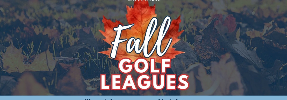 Fall golf leagues announcement with autumn leaves.
